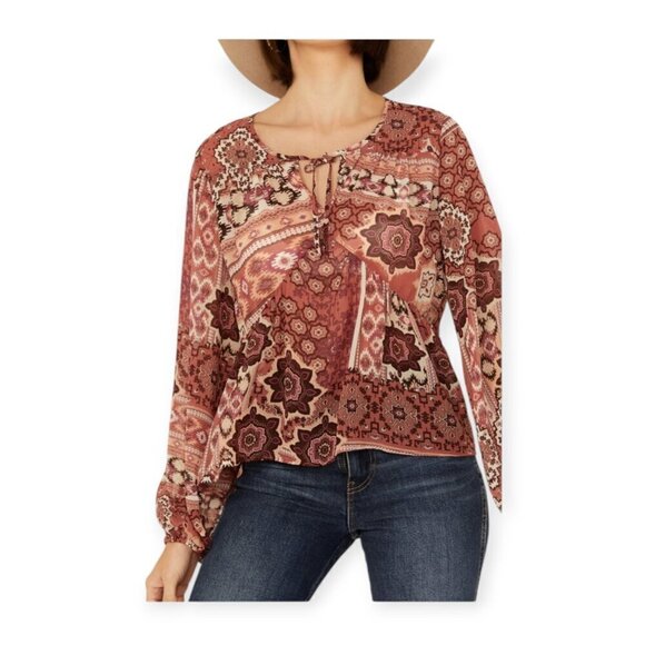 Shyanne Peasant Boho Top Rust Semi-Sheer Chiffon Size M - Picture 2 of 11